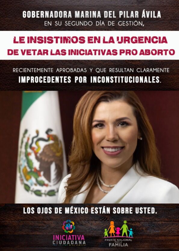 FNxFamilia's tweet photo. Gobernadora de #BajaCalifornia @MarinadelPilar, en su segundo día de gestión, le insistimos en la urgencia de vetar las iniciativas pro aborto recientemente aprobadas y que resultan claramente improcedentes por inconstitucionales. Los ojos de México están sobre usted. #BCXLaVida https://t.co/Ef6Nl8S4pS