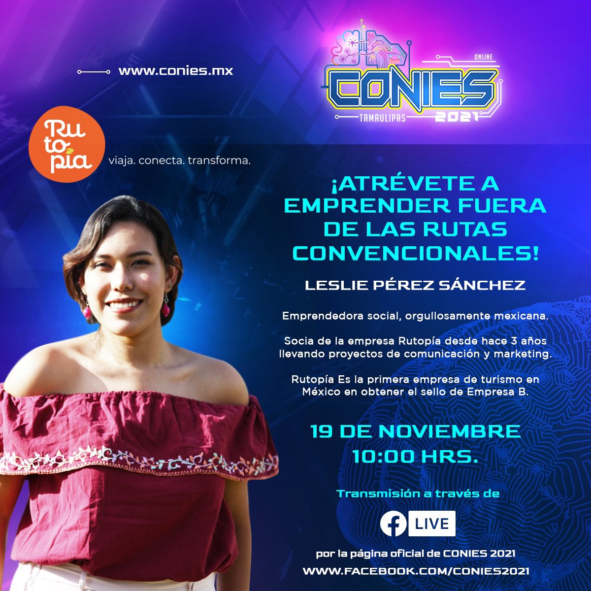 CONIES2022's tweet photo. Leslie Pérez, emprendedora social está lista para presentarnos “Atrévete a emprender fuera de las rutas convencionales”  

🎥 Transmisión a través de Facebook live por la página oficial de CONIES 2021 https://t.co/D3FKWr1ckV

#CONIES #CONIES2021 #UTyPs #emprendimiento https://t.co/KlTsneyJQb