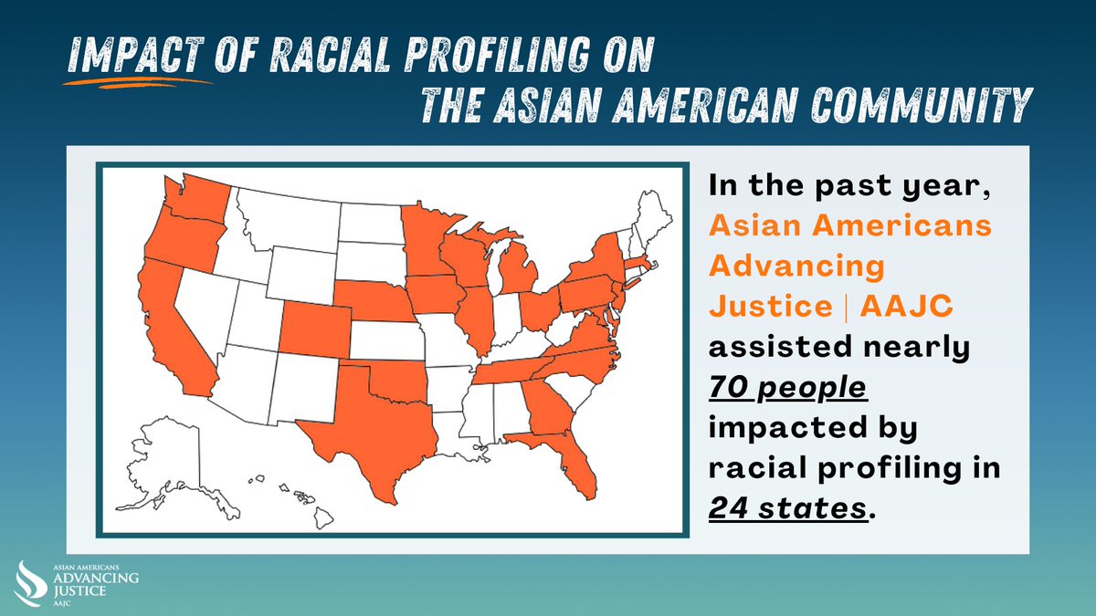 AAAJ_AAJC's tweet photo. The impact of racial profiling on our communities is immense. In the past year, Advancing Justice | AAJC provided assistance to nearly 70 impacted persons in 24 states, connecting them to experienced attorneys & providing them with advocacy support. #EndRacialProfiling https://t.co/xt3Mf39qWw
