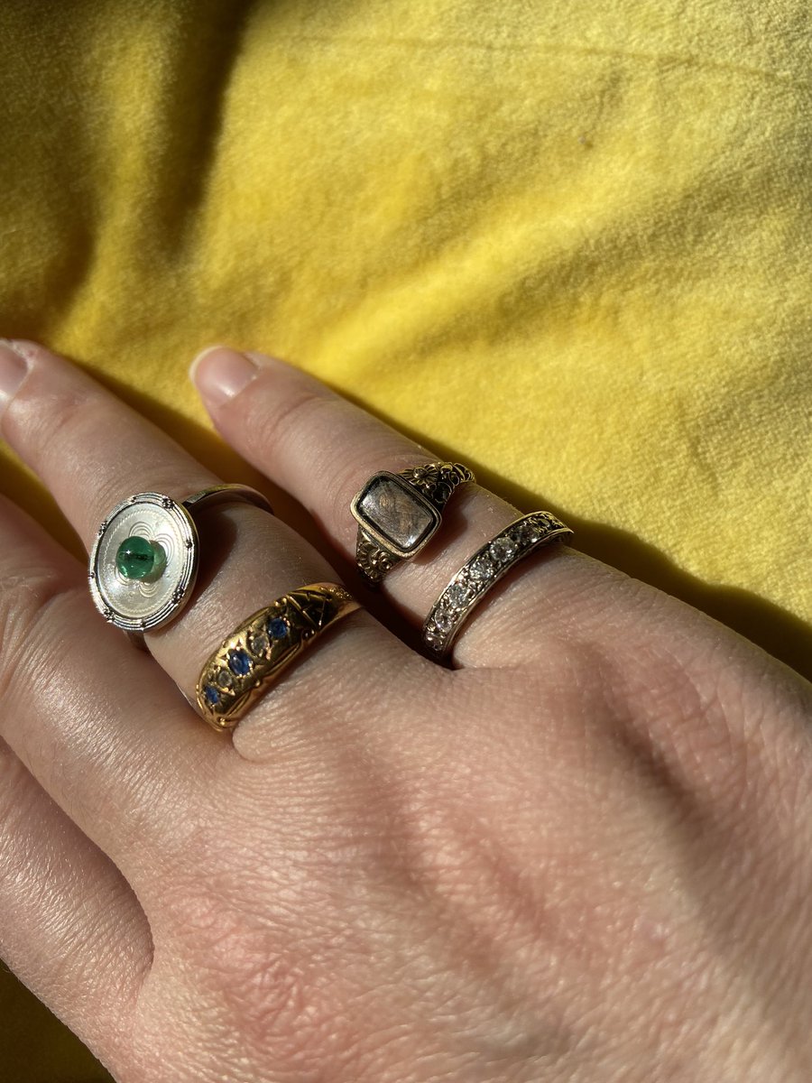 New stock incoming - William IV mourning ring, a Victorian sapphire and diamond, an old cut diamond half eternity and an interesting emerald piece. Which one would you choose? #antiquejewelry #vintagejewellery #mourningjewellery