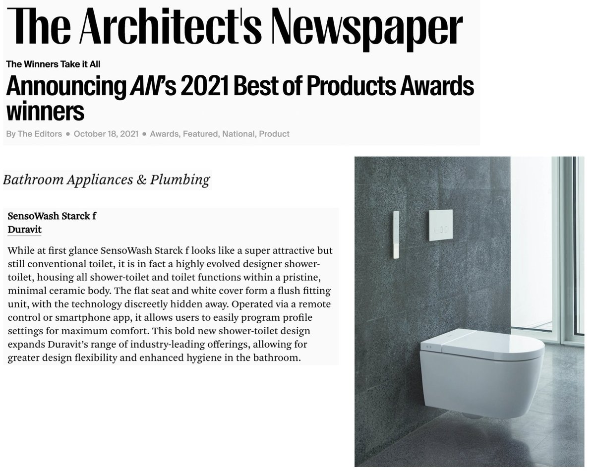 Duravit's tweet photo. We are delighted to announce that our #SensoWashStarckf won @archpaper's 2021 Best of Products Award in the Bathroom Appliances & Plumbing category. Thank you for the honor! https://t.co/JrTYQjHZdX #duravit #winner #philippestarck #sensowash #AN2021Award https://t.co/v4xqFIr2GL