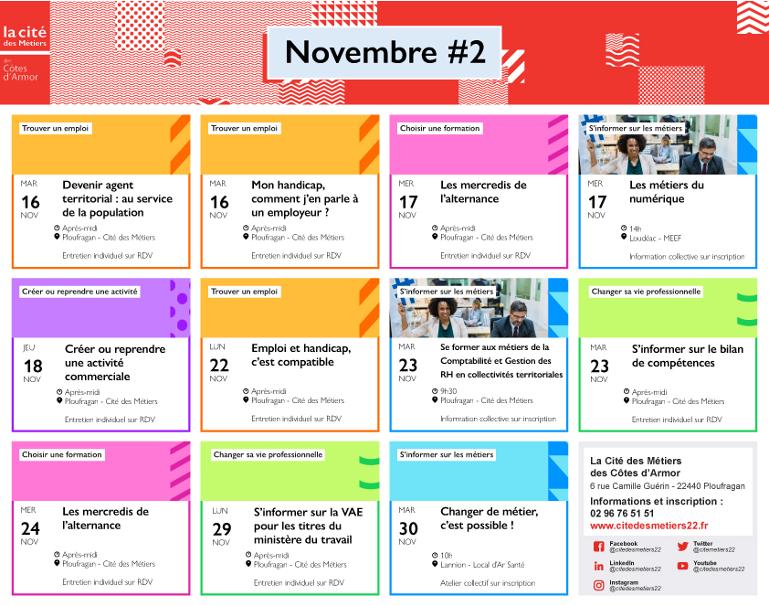 L'agenda de la seconde partie de novembre de la Cité des Métiers est disponible 📣🚀🎉 Participez à des ateliers, réunions d'information et conseils dans toutes les Côtes d'Armor 💙 ! Contactez-nous au 02 96 76 51 51 ou à contact@citedesmetiers.fr ! citedesmetiers22.fr/evenements/