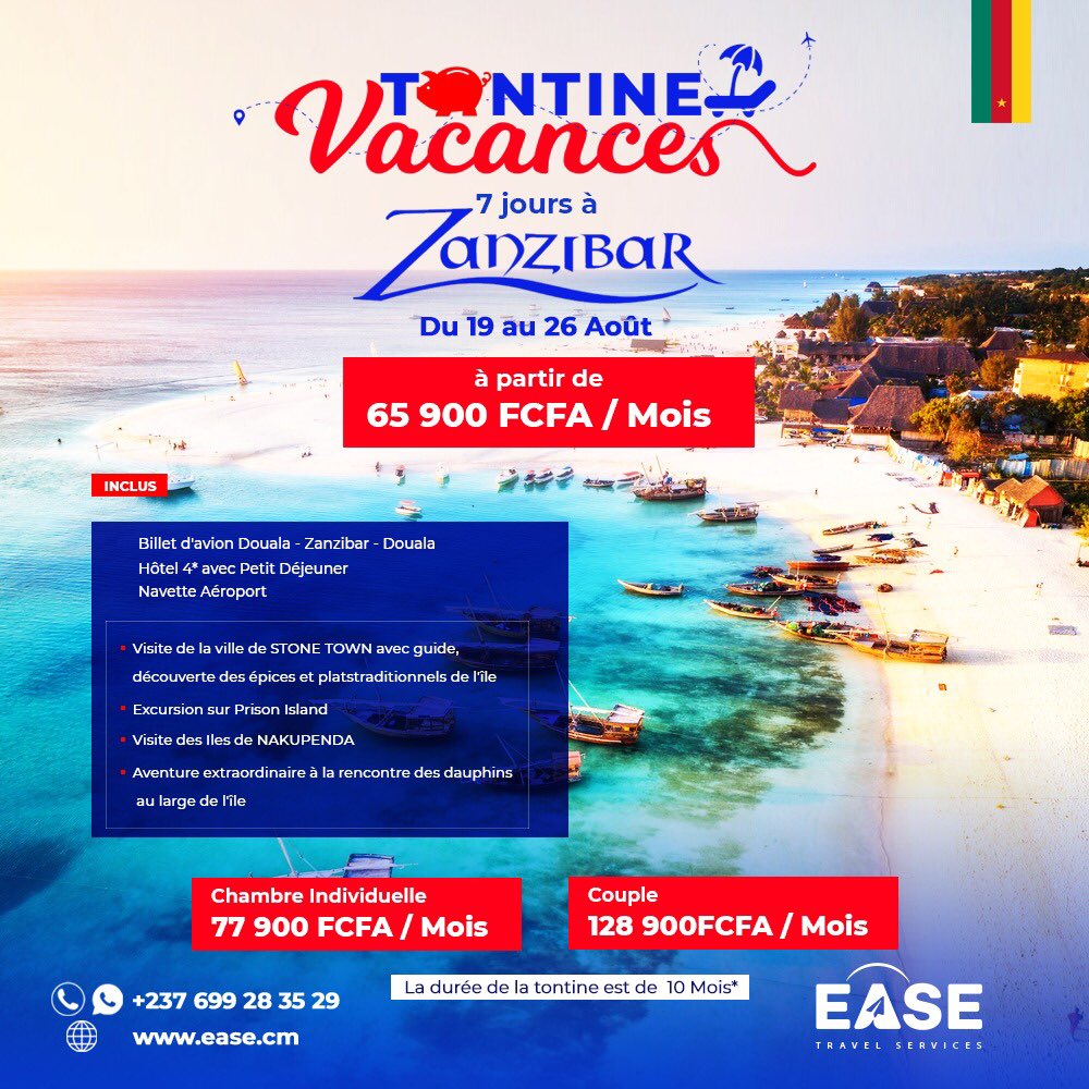 Tontine Vacances 2.0  
JJ-22🔥

Tout au long de ce mois jusqu'au lancement nous publierons les offres exclusives qui seront disponibles au lancement.

La 1ère offre : une semaine à Zanzibar à 65 900CFA/Mois, oui c'est bien SOIXANTE CINQ!!
Pour une durée de Tontine de 10 Mois.