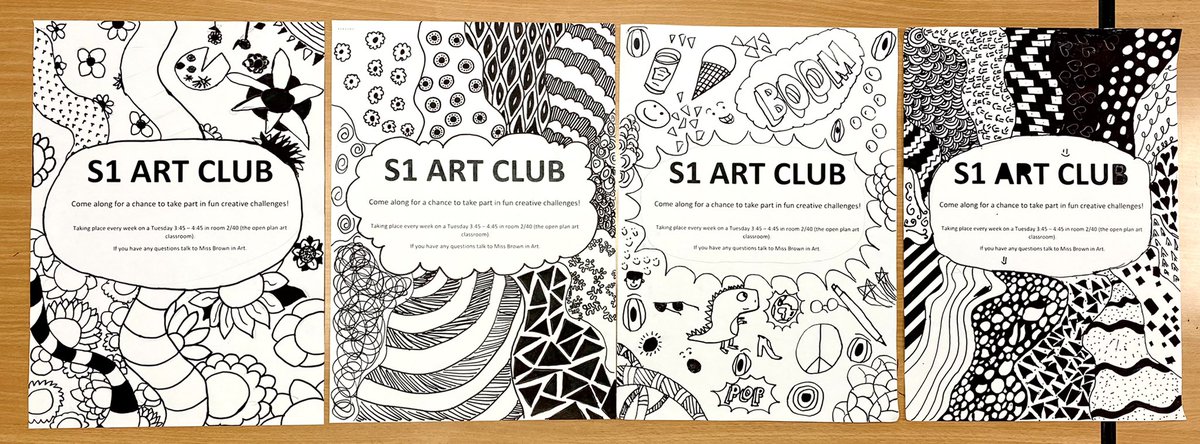S1 Art Club started today, and I think we’re going to have even more new recruits next week after spending the hour making these amazingly eye catching posters to go up around school! All S1 pupils welcome on Tuesdays, 3:45-4:45 in the Art dept 😁🎨✏️