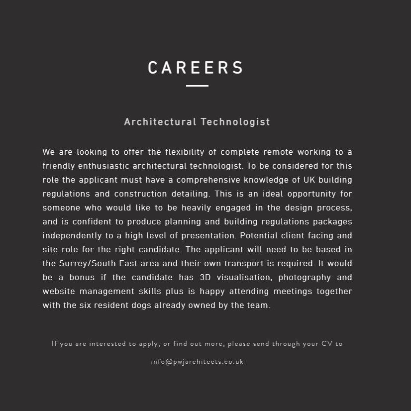 We are hiring! If you are a friendly enthusiastic architectural technologist please send your CV to info@pwjarchitects.co.uk #hiring #architecturaltechnologist #careers #recruitment