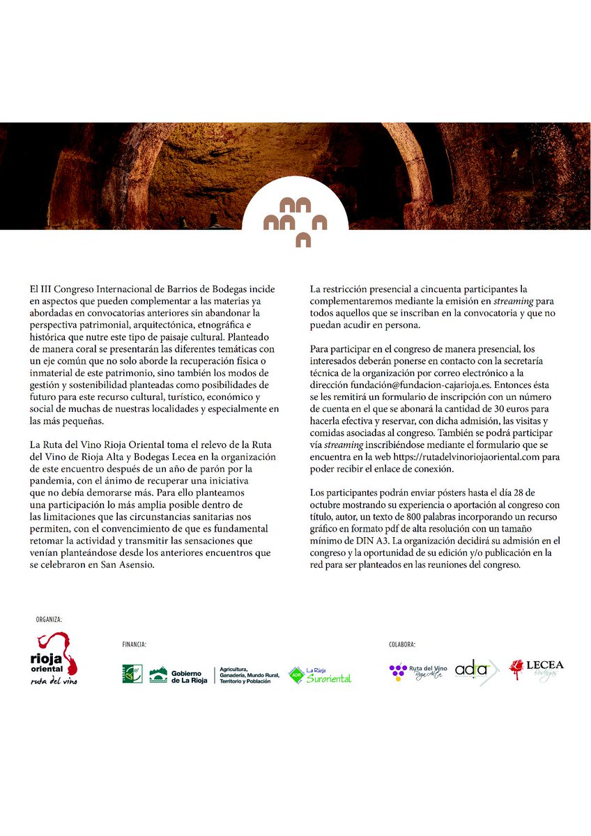 Esta semana tendrá lugar en Arnedo, La Rioja, el III Congreso internacional de barrios históricos de bodegas organizado por @RutaVino en una de cuyas mesas redondas tenemos el placer de poder participar hablando del presente de nuestro barrio de bodegas.
rutadelvinoriojaoriental.com/la-ruta-del-vi…
