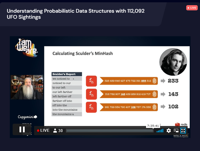 #DevoxxUK 
Understanding Probabilistic Data Structures by <a href="/guyroyse/">Guy Royse</a> 

 "Guy montre avec humour ce que l'on peut faire avec des structures de données qui répondent "peut-être", avec des performances extraordinaires dans les cas où l'exactitude n'est pas strictement de mise." RG