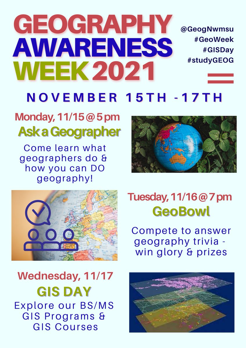Our amazing colleagues <a href="/GeogNwmsu/">Geography @ Northwest</a> are kicking off #GeographyAwarenessWeek2021 later this month! See below to get involved in a number of geography-related activities to celebrate! Win prizes and GLORY.