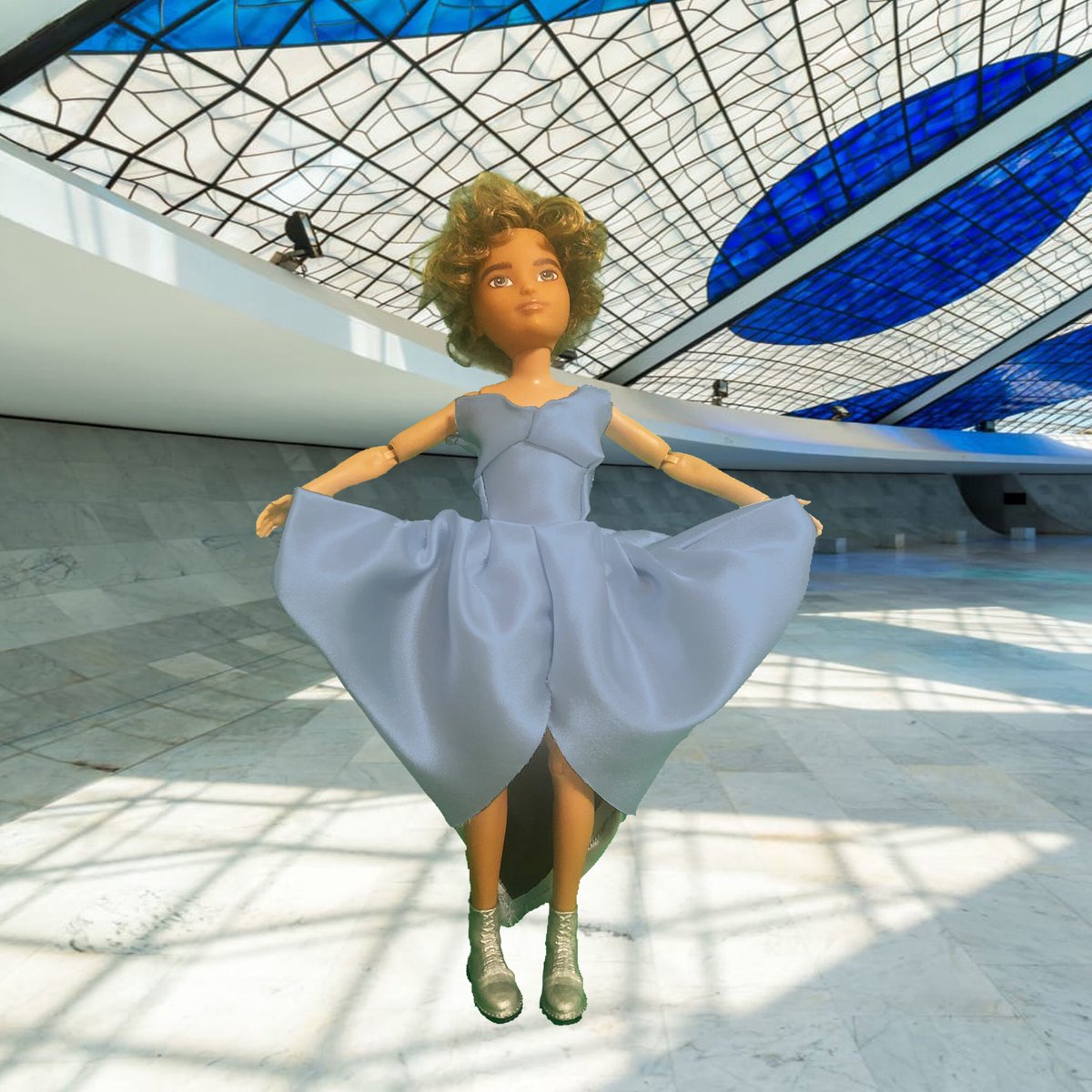 Fashion4CW's tweet photo. Sam is in the Cathedral of Brasília admiring Marianne Peretti’s blue stained glass ceiling in the Oscar Niemeyer building and wearing the blue puff-heart satin dress from Area’s fall 2020 collection #creatableworlddoll #creatableworld #fashion #oscarniemeyer #areafashion #dualipa https://t.co/2vLwSqOaYp