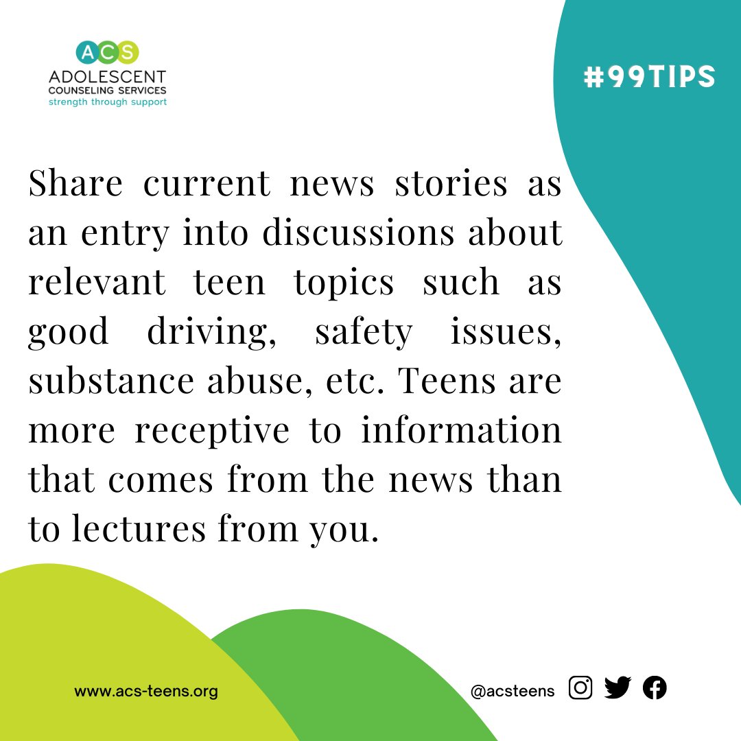 acsteens's tweet photo. #TuesdayTipsForTalkingWithYourTeenager #99tips #99consejos #acs #adolescentcounselingservices #mentalhealth #youthmentalhealth #counseling #depression #anxiety #substanceuse #oncampuscounseling #ASAT #communitycounseling #Outlet #nonprofit #breakthestigma #parenthood #adolescence https://t.co/2QM4XK3Uhn