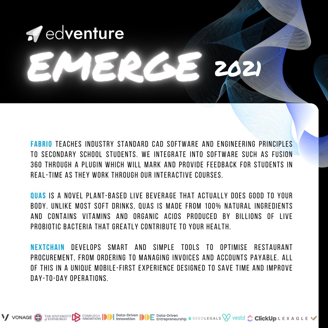 edventure (@edventurevc) on Twitter photo 🥁Announcing our Business, Consumer & Services Finalists: <a href="/fabriodesign/">Fabrio Design</a>, @quasdrinks & @nextchainuk
👋Catch them @ the #EdventureEmerge Pitch Competition (8-9.30pm GMT, 7th Nov)
💻 Get free tickets & check out the schedule @ edventure.vc/emerge
#consumer #business #services 🥁Announcing our Business, Consumer & Services Finalists: <a href="/fabriodesign/">Fabrio Design</a>, @quasdrinks & @nextchainuk
👋Catch them @ the #EdventureEmerge Pitch Competition (8-9.30pm GMT, 7th Nov)
💻 Get free tickets & check out the schedule @ edventure.vc/emerge
#consumer #business #services