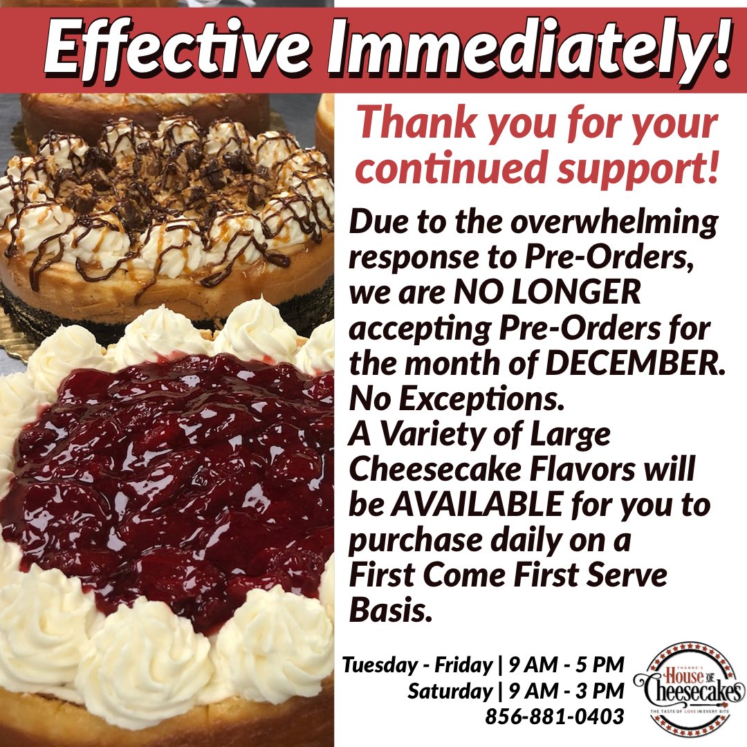 🚨Pre-Order Update: Effective Immediately! We are NO LONGER accepting pre-orders for November AND December. No exceptions. 

Our cheesecakes freeze very well!  Watch Chef Yhanne’s Demonstration on How To Properly Wrap A Yhanne’s House of Cheesecake 
youtu.be/adRB6wLg7gg