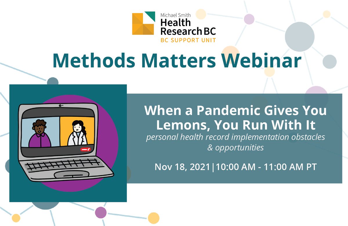 BCSUPPORTUnit's tweet photo. COVID-19 has forced us all to adapt.
In an upcoming #MethodsMatters Webinar, learn from a project that pivoted from personal health records to electronic data sharing, virtual care & patient empowerment.
Join us Nov 18: https://t.co/FOgBxRHYwY https://t.co/tsPLFZTKsx