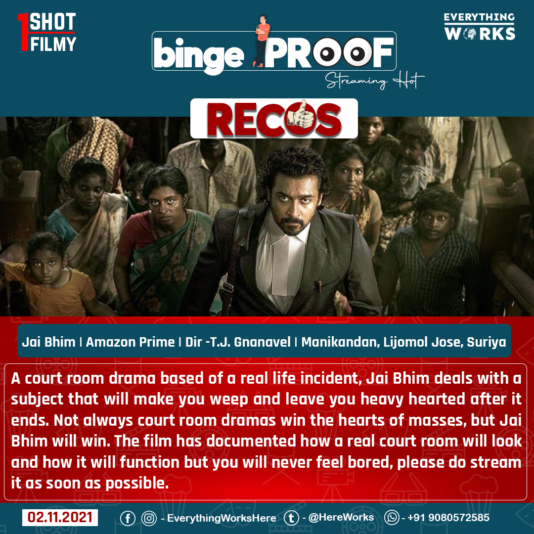 HereWorks's tweet photo. A court room drama based of a real life incident, Jai Bhim deals with a subject that will make you weep and leave you heavy hearted after it ends.  

#1ShotNews | #JaiBhim | #BingeProof | #JaiBhimOnPrime | #Suriya | #Recos https://t.co/gNi7uJFBdQ