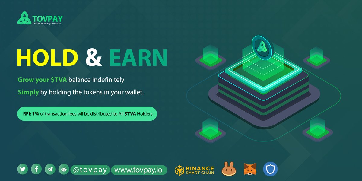TovPay's tweet photo. RFI Technology is a mechanism allowing all holders to share 1% of the transactions fees. Holders earn passive rewards through static reflection as they watch their balance of $TVA grow indefinitely. https://t.co/vnXmX5HK8X