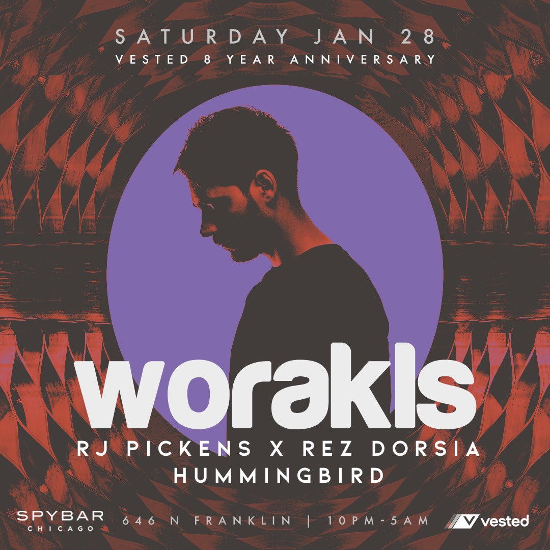 Spybar's tweet photo. We’re celebrating 8 years of @VestedCHI with the powerful, dreamlike &amp; sophisticated beats from techno prodigy @Worakls on Saturday, 1/28 🙌

🎟: https://t.co/Ti1rjK30iZ https://t.co/tAtXf8LD9y