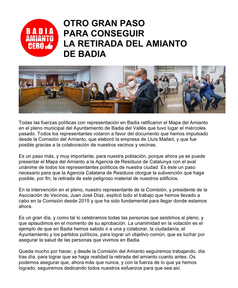 ComisionAmianto's tweet photo. El miércoles pasado, en el Pleno municipal, todas las fuerzas políticas aprobaron por unanimidad el Mapa del Amianto de Badia que impulsamos desde la Comisión del Amianto. Aquí compartimos nuestras reflexiones. #amianto #Badia #BadiaDelVallès https://t.co/uqNB7gJSLx
