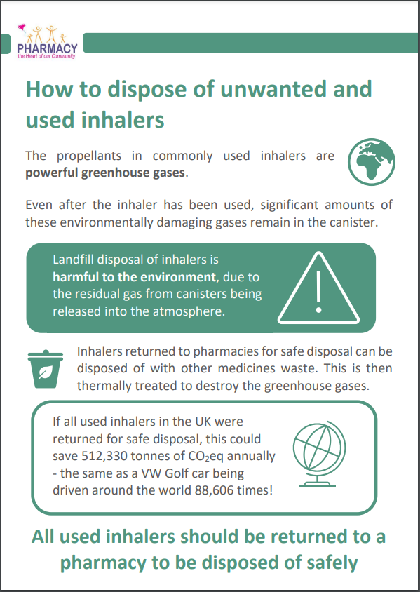 ComPharmEngland's tweet photo. Community pharmacies are doing their bit for a #GreenerNHS by taking patients' used and expired inhalers for safe and environmentally friendly disposal #InhalerReturn https://t.co/DMb0rhifCc