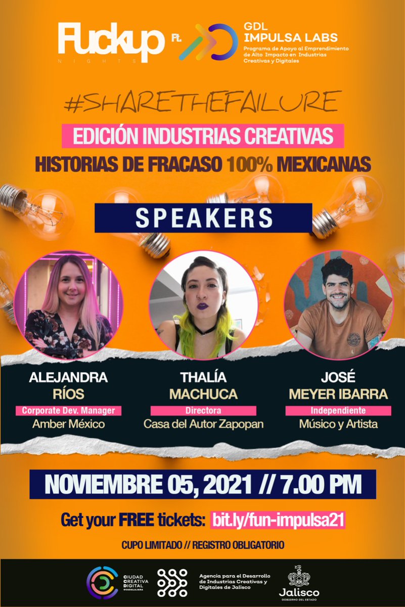 Este viernes 5 de noviembre a las 19:00 h Alejandra Ríos <a href="/Ale_RiTor/">Ale RiTor</a>, de <a href="/Amber_Studio/">Amber</a> <a href="/karaokulta/">KaraOKulta / An AmberStudio.com</a>; Thalía Machuca <a href="/poyodrilow/">Thalia Machuca</a>, directora de la Casa del Autor Zapopan, y el artista <a href="/josemeyeribarra/">José Meyer Ibarra ☭</a>, hablarán de  historias de fracasos que han superado con éxito.