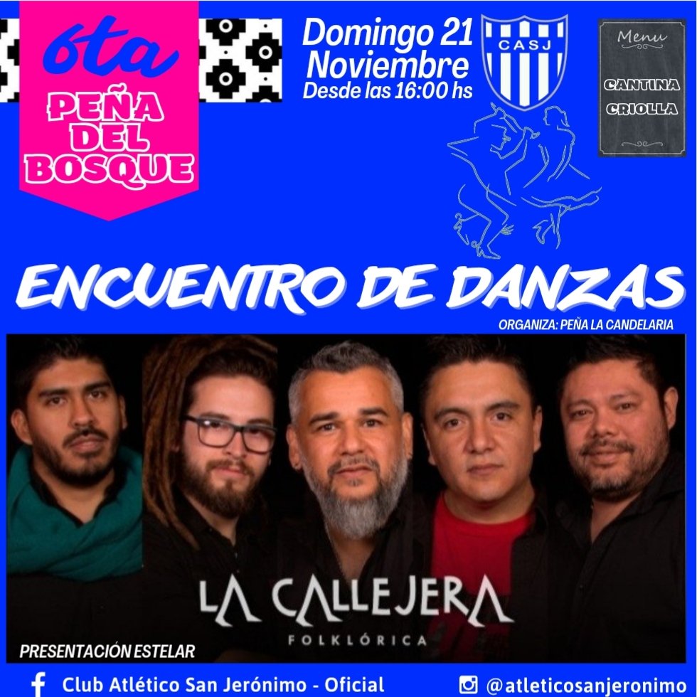 🇦🇷LA PEÑA DEL BOSQUE, 6ta EDICIÓN🇦🇷
🗓 Domingo 21 Noviembre, 16hs.
Encuentro de danzas 💃🏽
La mejor Cantina Criolla 🥩🍷
Presentación estelar de "La Callejera" 🥁

🎫 Anticipadas a la venta 🎫
📍Secretaría del club, lunes a viernes de 17 a 19 hs.
#SumamosTodos #VamosBosque🔵⚪
