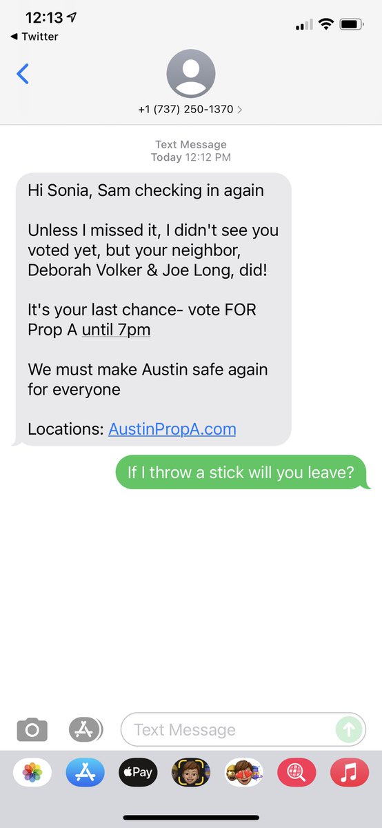 bourbonface's tweet photo. I’ve texted on behalf of campaigns before. Is this a system that’s unable to receive responses or is Sam just an absolute chucklehead? #NoWayOnPropA https://t.co/B1ittrXqAR