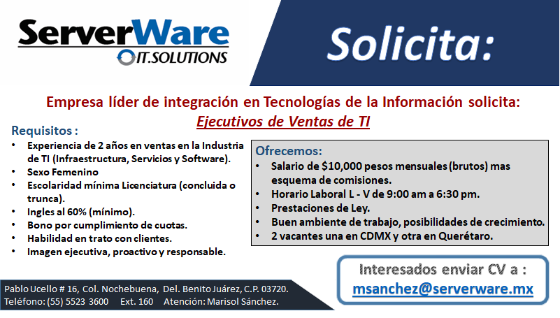 ServerWareMX's tweet photo. ¿Tienes experiencia en Ventas de IT? 
Únete a nuestro equipo de trabajo y crece con nosotros
#ServerWare #BolsaDeEmpleo #BolsaDeTrabajo #trabajo #buscoempleo #buscotrabajo #BuscasTrabajo #BuscasEmpleo https://t.co/E4M4QH8IEo