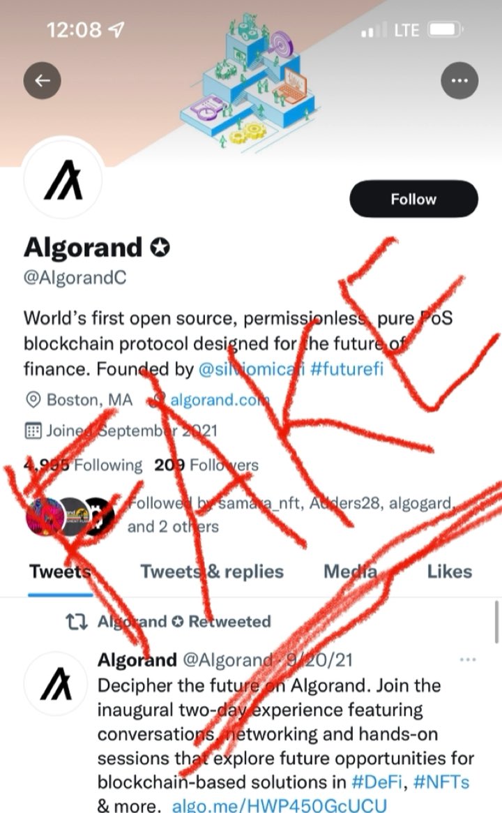 AlgoScam's tweet photo. ⛔️ Watch out for fake twitter accounts pretending to be @Algorand. 

Can we all please report @AlgorandC as impersonating Algorand? They even pretend to be verified with their star ⭐️ icon.

$algo #Algorand #algoscam https://t.co/uE5OY07FiZ