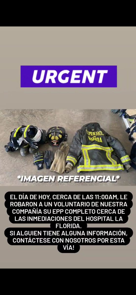 POR FAVOR DIFUNDIR!
El día de hoy, un voluntario de nuestra compañía sufrió un robo de su EPP personal completo (jardinera, chaqueta, botas, guantes, esclavina, radio, pera y linterna), cerca del hospital La Florida. Cualquier información, contactarse con nosotros!