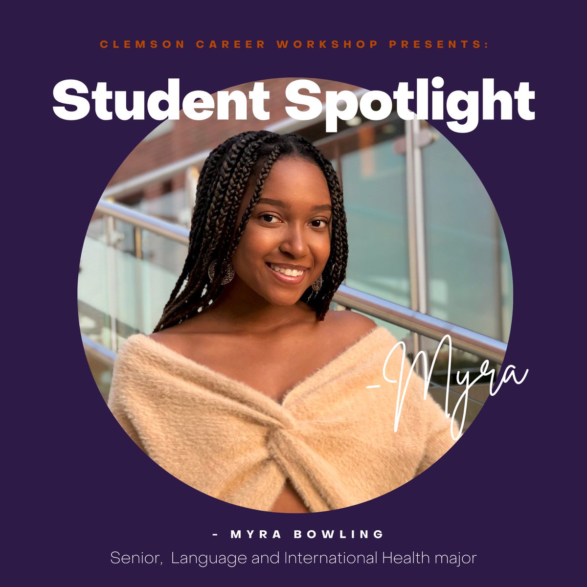 Myra Bowling is a senior Language and International Health major from Mauldin, SC! Myra's involvement on campus includes The Minority Association of Pre-Medical Students ⚕️, Alpha Epsilon Delta, and the French Club 🇫🇷