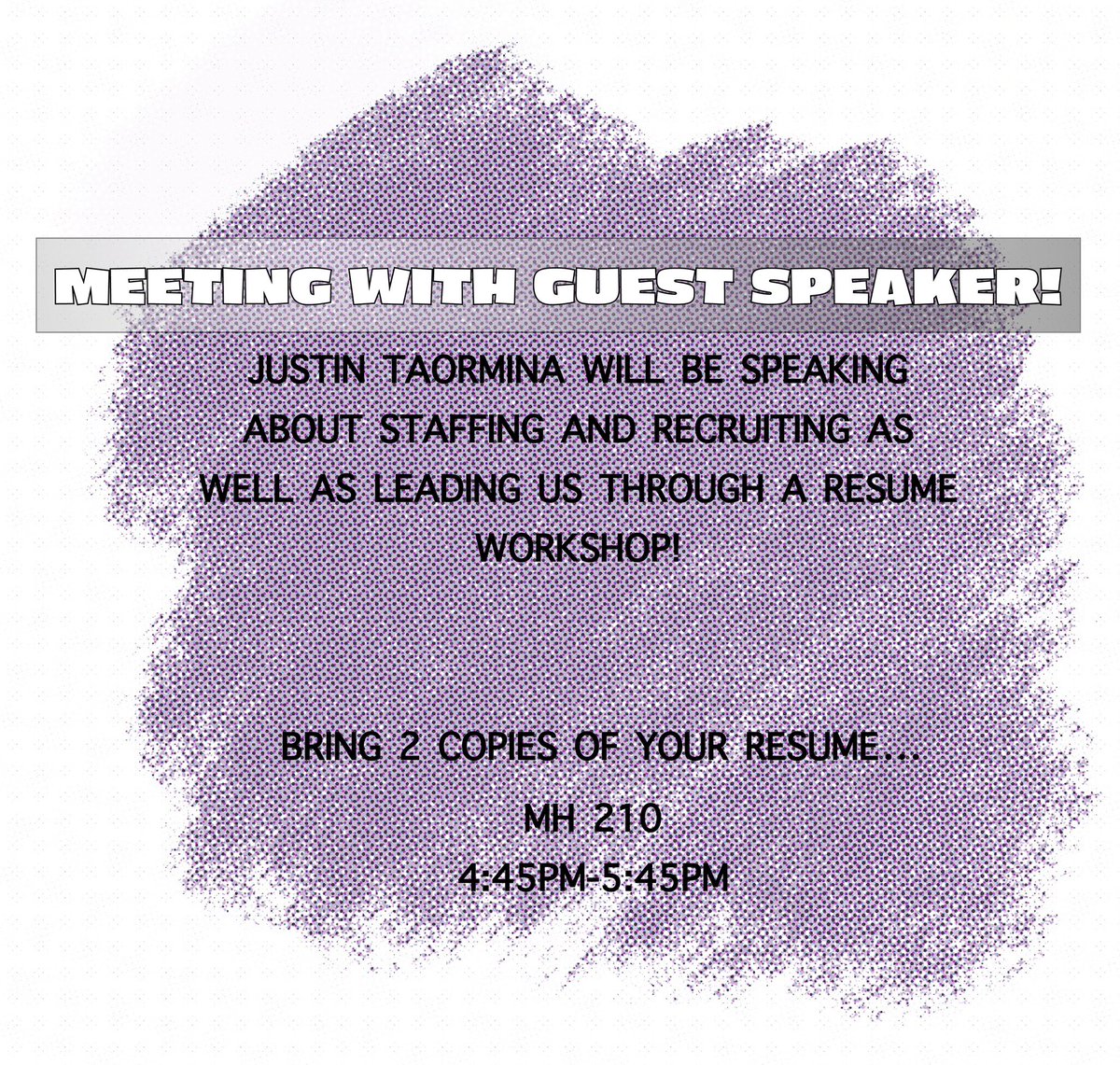 SHRMatMNSU's tweet photo. Come join us tonight in Morris Hall 210 from 4:45pm-5:45pm to listen to our guest speaker Justin Taormina lead us through a resume workshop as well as talk about staffing and recruiting! 

Please bring 2 copies of your current resume!! 

••Apply to our board positions!•• https://t.co/vKAMOqZ79o
