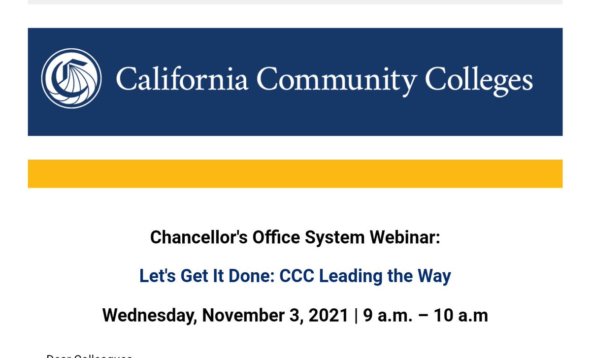 CalCommColleges's tweet image. Join us tomorrow at the next @CalCommColleges Chancellor’s Office System Webinar, Let's Get It Done: CCC Leading the Way, on Wednesday, Nov. 3 at 9 a.m. Register: bit.ly/3dGJdhq. 
#CACommunityColleges #VisionForSuccess #Guidedpathways #CAHigherEd #StudentSuccess
