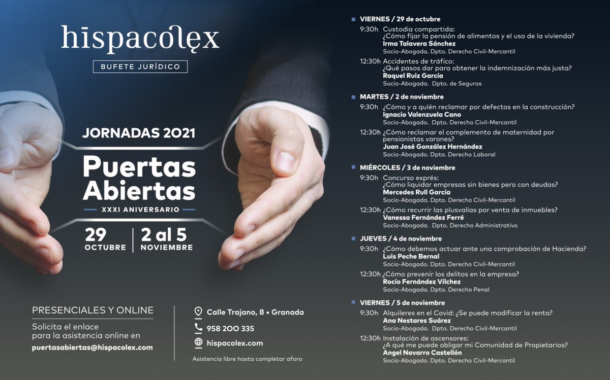 JavierLGSerrana's tweet photo. Con motivo del XXXI Aniversario de @HispaColex, el despacho celebra sus habituales Jornadas de Puertas Abiertas en las que se abordan temáticas jurídicas de actualidad, dando respuesta a las dudas que plantean los asistentes (presencial y on line) a las diez mesas de trabajo.👇👇 https://t.co/iixFdvldBM