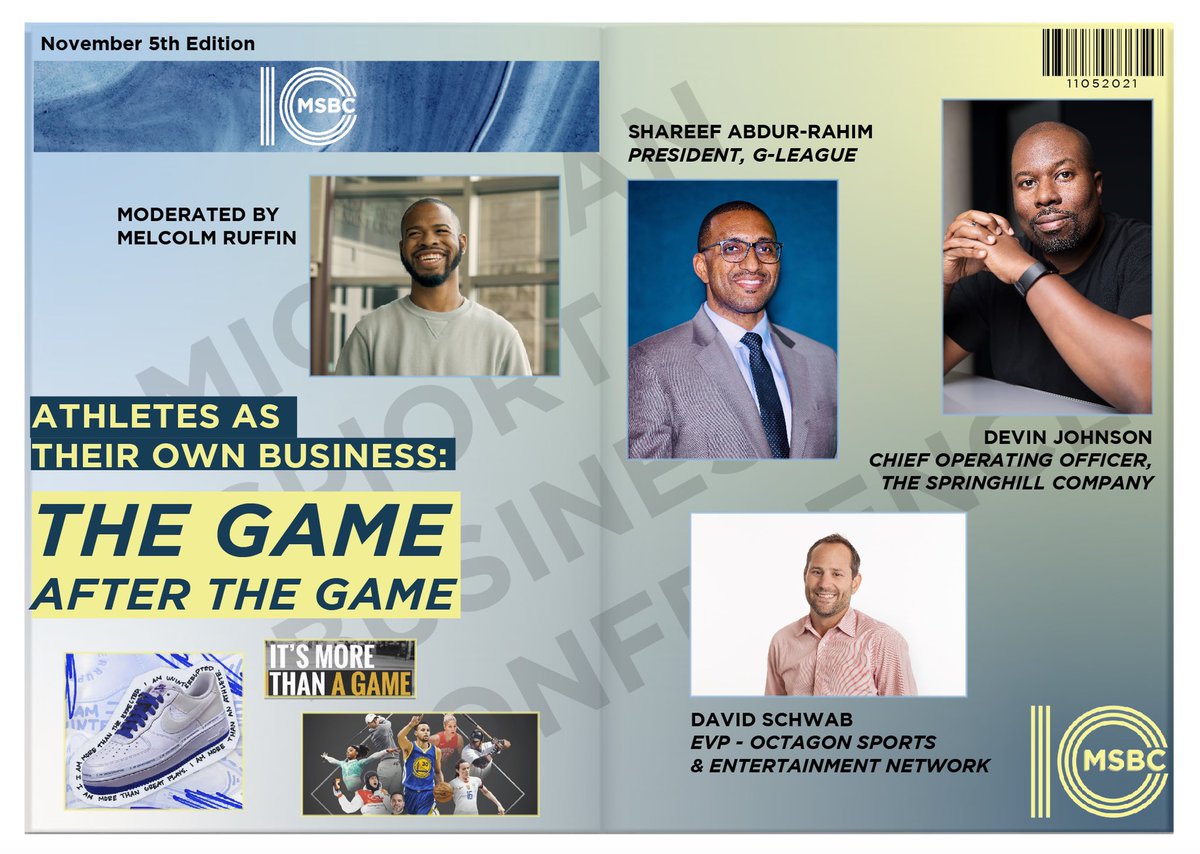 UMSBC's tweet photo. Can’t wait to see our “The Game After the Game” panel at #MSBC10, with Shereef Abdur-Rahim, President of the @nbagleague, David Schwab, EVP of @Octagon, and Devin Johnson, COO @TheSpringHillCo! You can’t miss this one! #MSBC10 #WhatsYourNext10 https://t.co/rzQ036CXt9