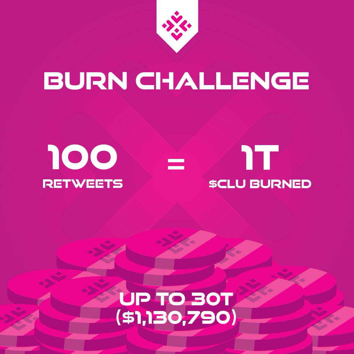 CluCoin's tweet image. BURN CHALLENGE❤️‍🔥

For every 100 retweets within the next 24 hours we will burn 1T worth of $CLU up to 30 Trillion equating to $1.1M removed from circulating supply. 

RT + Comment using #CluCoinBurn to spread the word!

Ready. Set. Go! #BSC #CryptocurrencyNews
