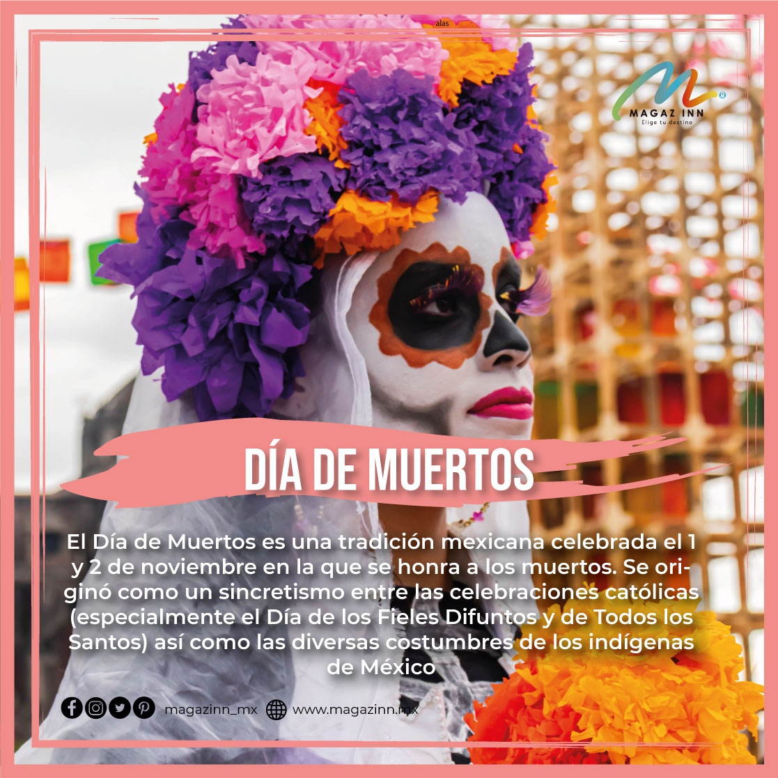 MagazInn_Mx's tweet photo. Es una festividad que se celebra principalmente en México donde es originaria y en países latinoamericanos como Bolivia, Perú, Ecuador, Guatemala...
En el 2008 la Unesco declaró la festividad como Patrimonio Cultural Inmaterial de la Humanidad de México. 💜🧡🖤
#MagazInn https://t.co/0nYsGbkaHB