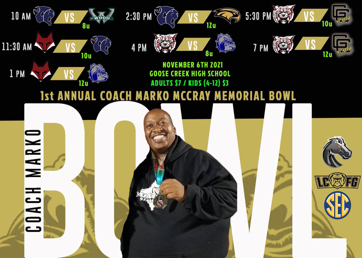 Come out and help us remember one of the best youth football coaches in the Lowcountry! Coach Marko Memorial Bowl this Saturday November 6, 2021 at Goose Creek High School. Come celebrate with us and keep the Legacy of Coach Marko McCray alive! #LLCM✊🏽🏁