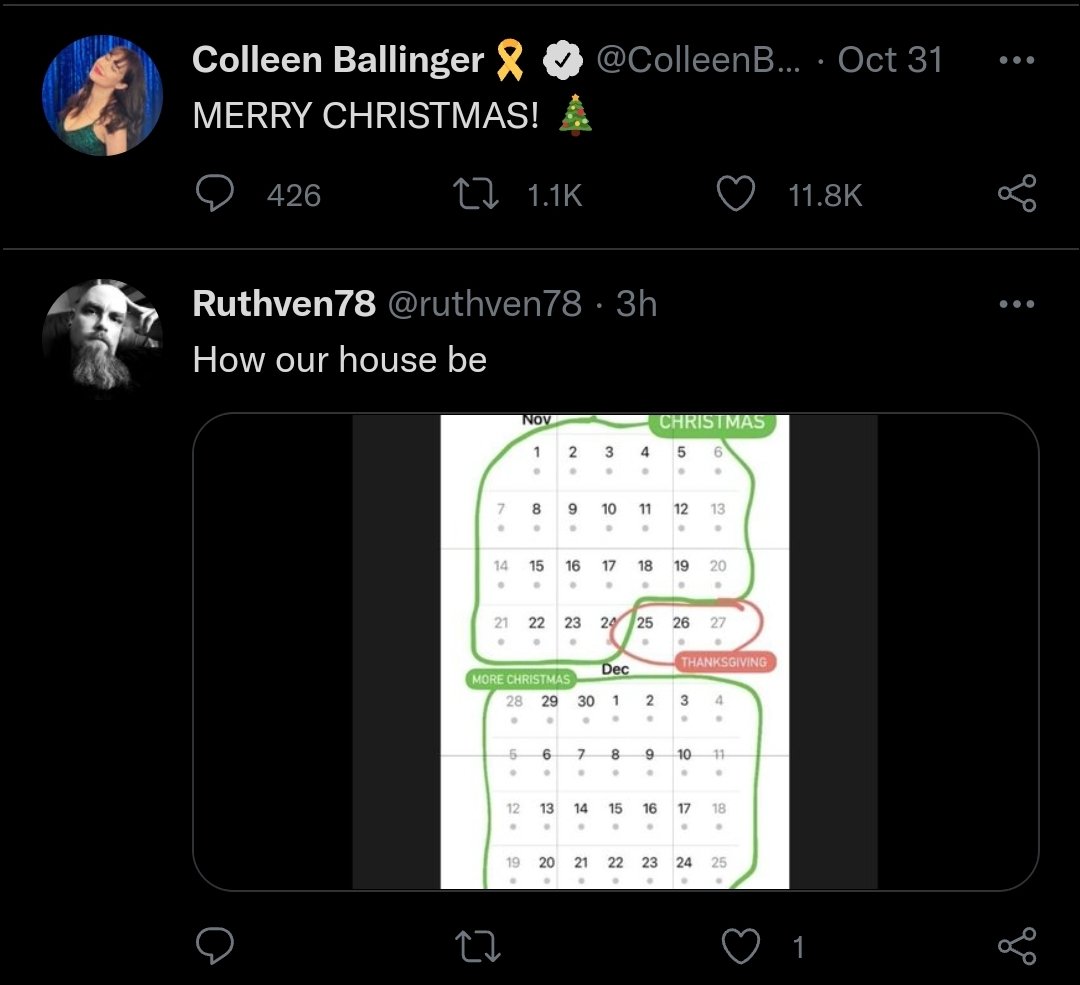FreyaFyre's tweet photo. Hubby and @ColleenB123 be on the same page. I wholeheartedly agree with them, and have my holiday leggings out! https://t.co/cYe4Y6uqam