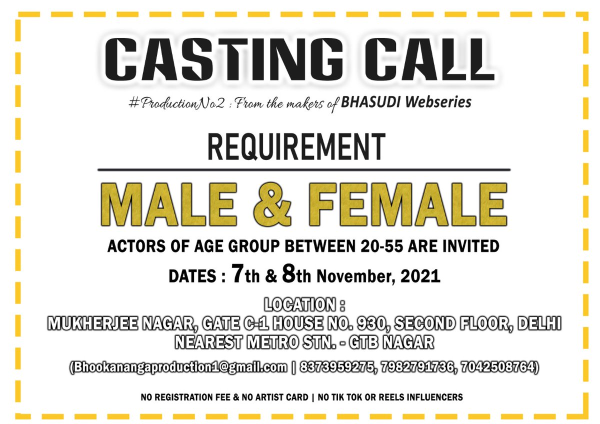 BNPFilms's tweet photo. CASTING CALL IN DELHI FOR OUR NEXT WEB SERIES ๐ฌ
COME AND WORK WITH US ๐ฌ๐ธ
#Audition #Casting #CastingCall #auditions #delhiauditions #delhiaudition #actors #actorscalling #artists #artistcalling #acting #webseries #requirement #job #theater #theatre #theatreactor #hindi https://t.co/bA169U2TZd