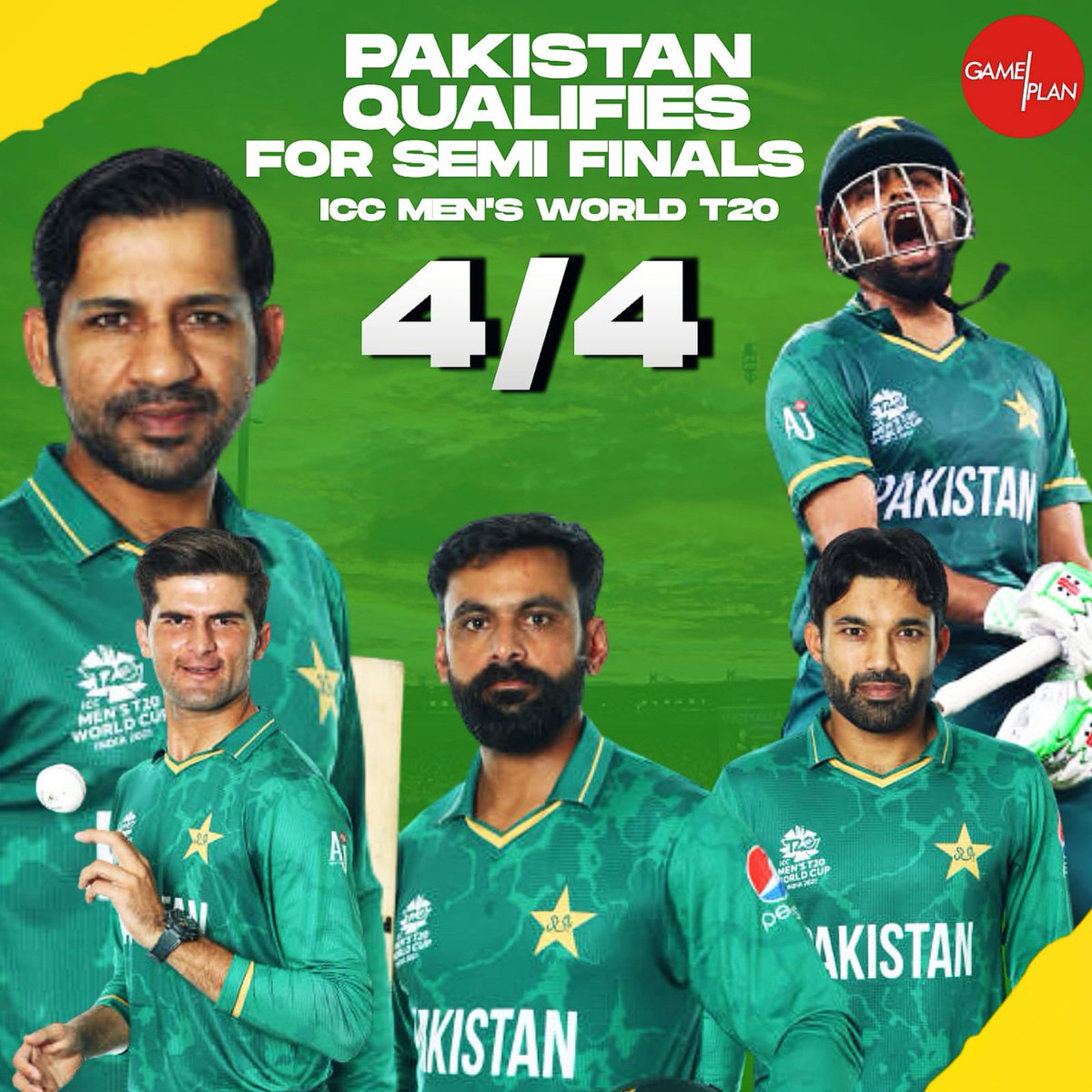 #Pakistan  #IntoTheSemis 🇵🇰🇵🇰🇵🇰🇵🇰z
#4/4 ain’t bad!!! 💚💚💚💚
#Congratulations #TeamPakistan 
#iBleedGreen do you! 💚💚💚
#T20WorldCup 
#ICCT20WorldCup2021 🇵🇰
#PakvsNamibia 🇵🇰
@GamePlanPK