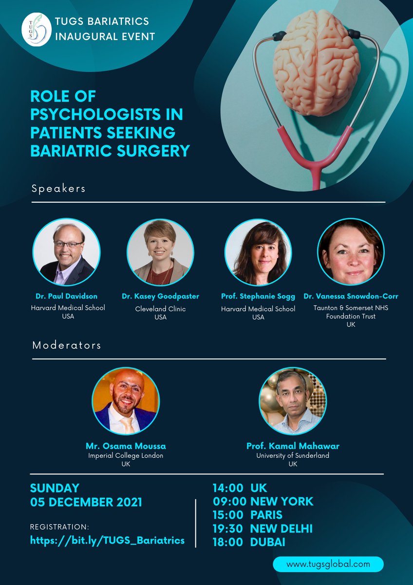 Excited to invite you to the inaugural event of #TUGS_Bariatrics; a monthly meeting on the 1st Sunday of each month. Join us on Dec. 5th, 2pm UK. An expert panel discussing "The role of psychologists for patients seeking bariatric surgery"
Register here: bit.ly/TUGS_Bariatrics