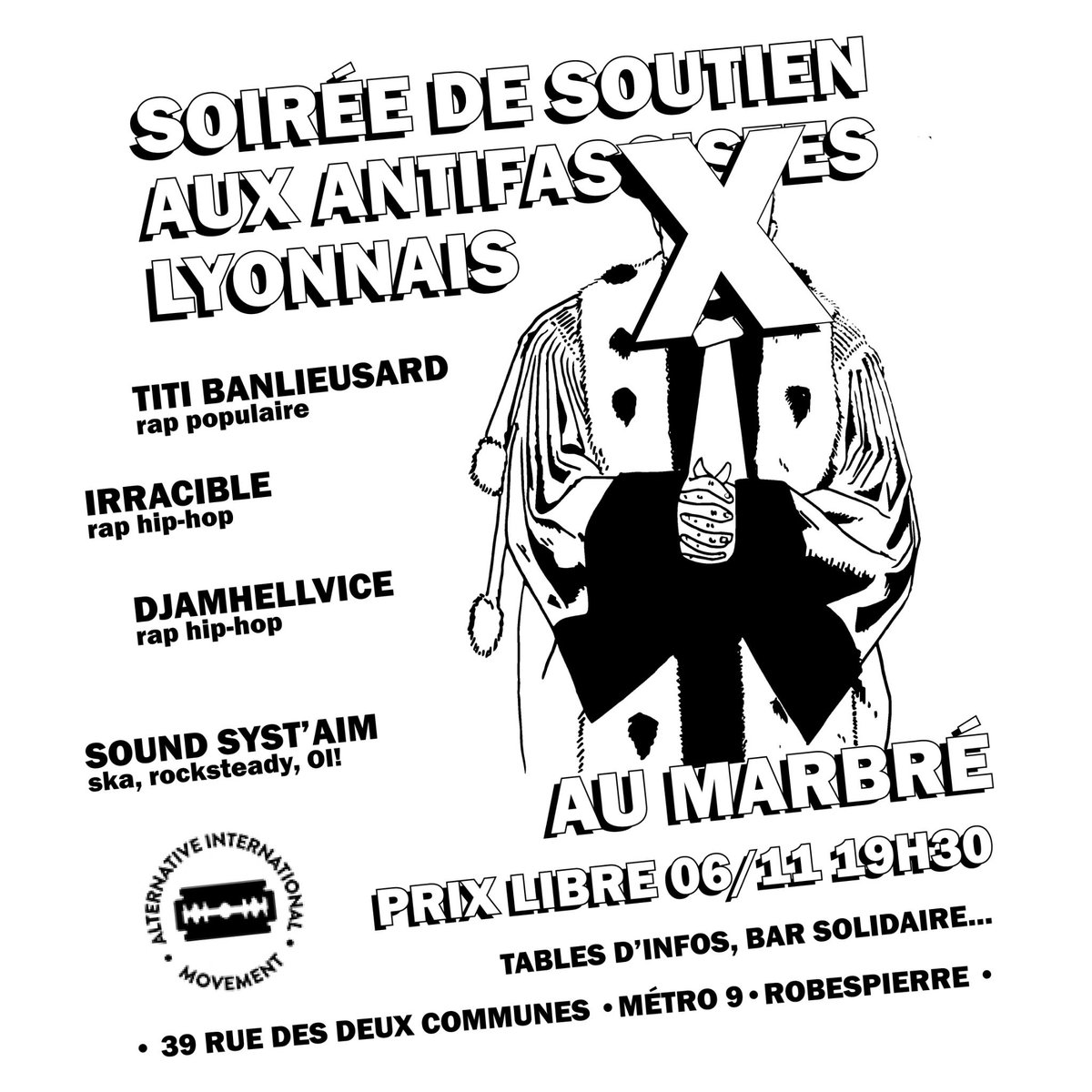 🎶[Thread]🎶 RDV samedi prochain au Marbré pour une soirée de soutien aux antifascistes lyonnais !

🔽🔽🔽