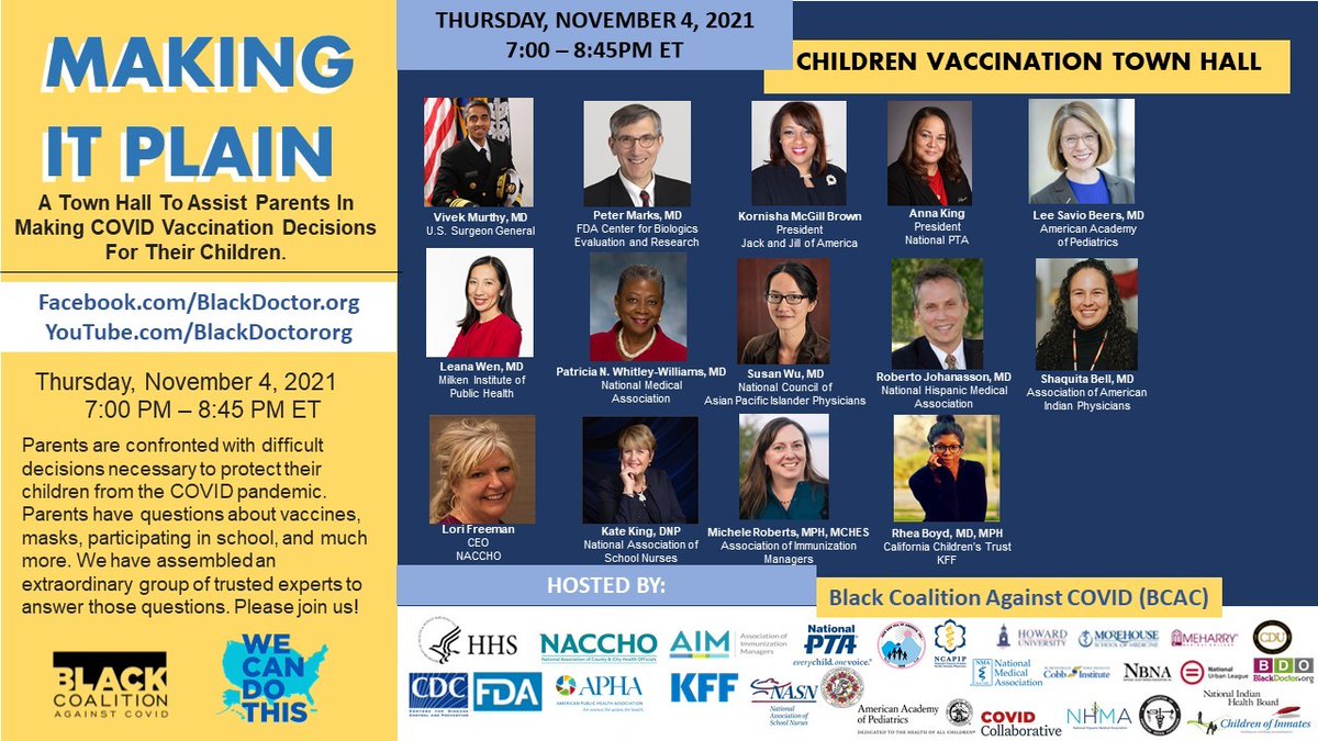 NationalPTA's tweet photo. Parents, join us at https://t.co/KCGt4SsC3h on Thursday, Nov. 4, at 7 p.m. (ET) for Securing Our Children’s Health: A Virtual Town Hall About Kids and COVID-19, a Facebook Live event hosted by @BCAgainstCOVID and #WeCanDoThis featuring @NPTAPresident Anna King. @blackdoctor_org https://t.co/x1ap4Zup5f