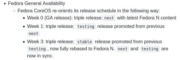 Happy <a href="/Fedora/">Fedora Project (@fedora@fosstodon.org)</a> 35 release day! `next` stream release `35.20211029.1.0` was published today and contains F35 GA content. This will be coming to `testing` and `stable` soon based on the following schedule: