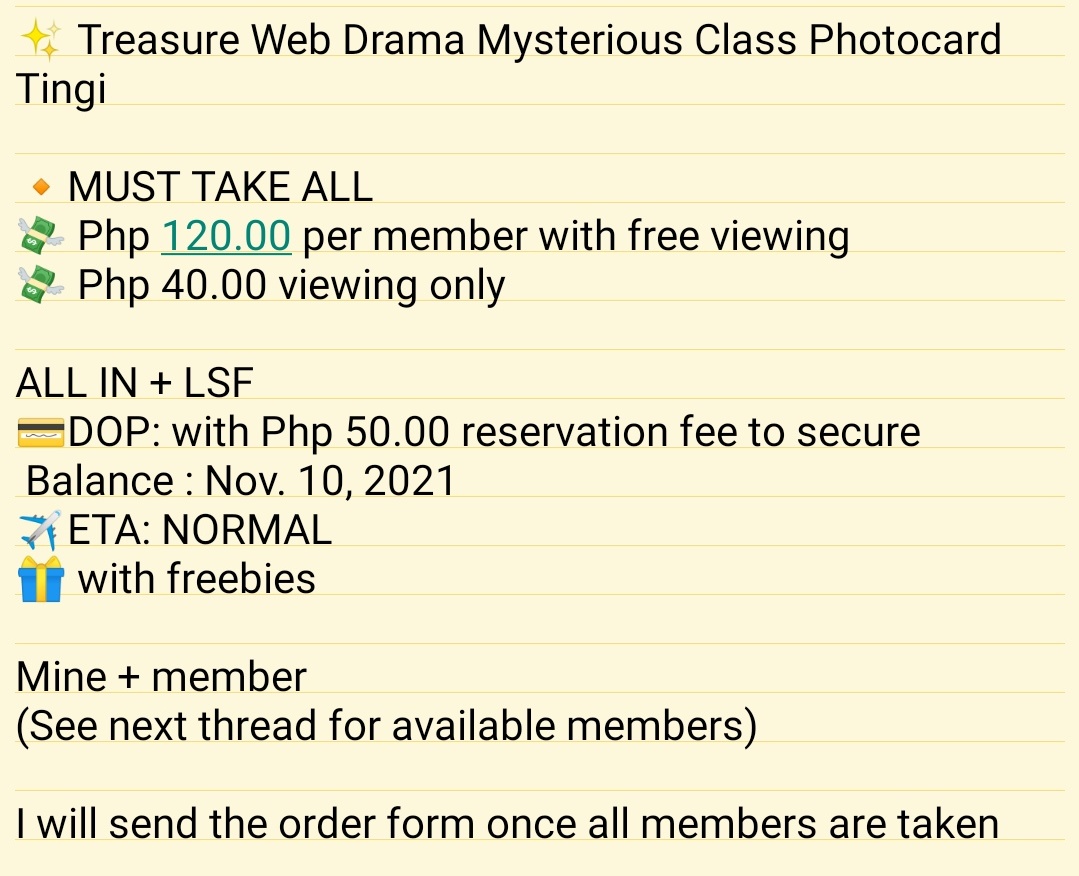 GoingMine_PH's tweet photo. ✨ Treasure Web Drama Mysterious Class Photocard Tingi 

🔸MUST TAKE ALL TO PUSH THROUGH 🔸

👀 See Picture for the details

Available
❌ hyunsuk
❌ jihoon
❌ yoshi
❌ junkyu
❌ mashiho
✅ jaehyuk
❌ asahi
❌ yedam
❌doyoung
❌ haruto
❌ jeongwoo
✅ junghwan

Wts lfb ic ph pc https://t.co/Z0GSzVaqVT
