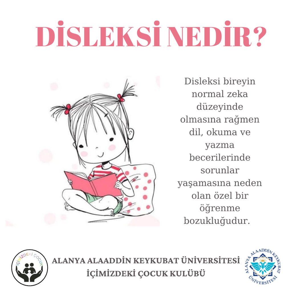 Disleksi hastalık değil, öğrenme şekillerindeki farklılıktır. Disleksinin farkındayız…
#disleksifarkındalıkhaftası
#icimizdekicocukkulubu
 #alanyaalaaddinkeykubatüniversitesi <a href="/AlanyaAlku/">Alanya ALKÜ</a>