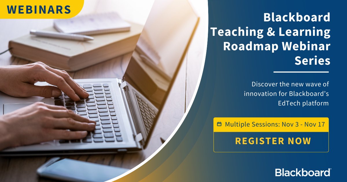 Blackboard's tweet image. Don&apos;t forget to register for the  Roadmap Webinar series to get an exclusive look at the upcoming product and feature releases for Blackboard Learn! Join us tomorrow! buff.ly/3ED4rIW #LetsAdvanceLearning #edtech