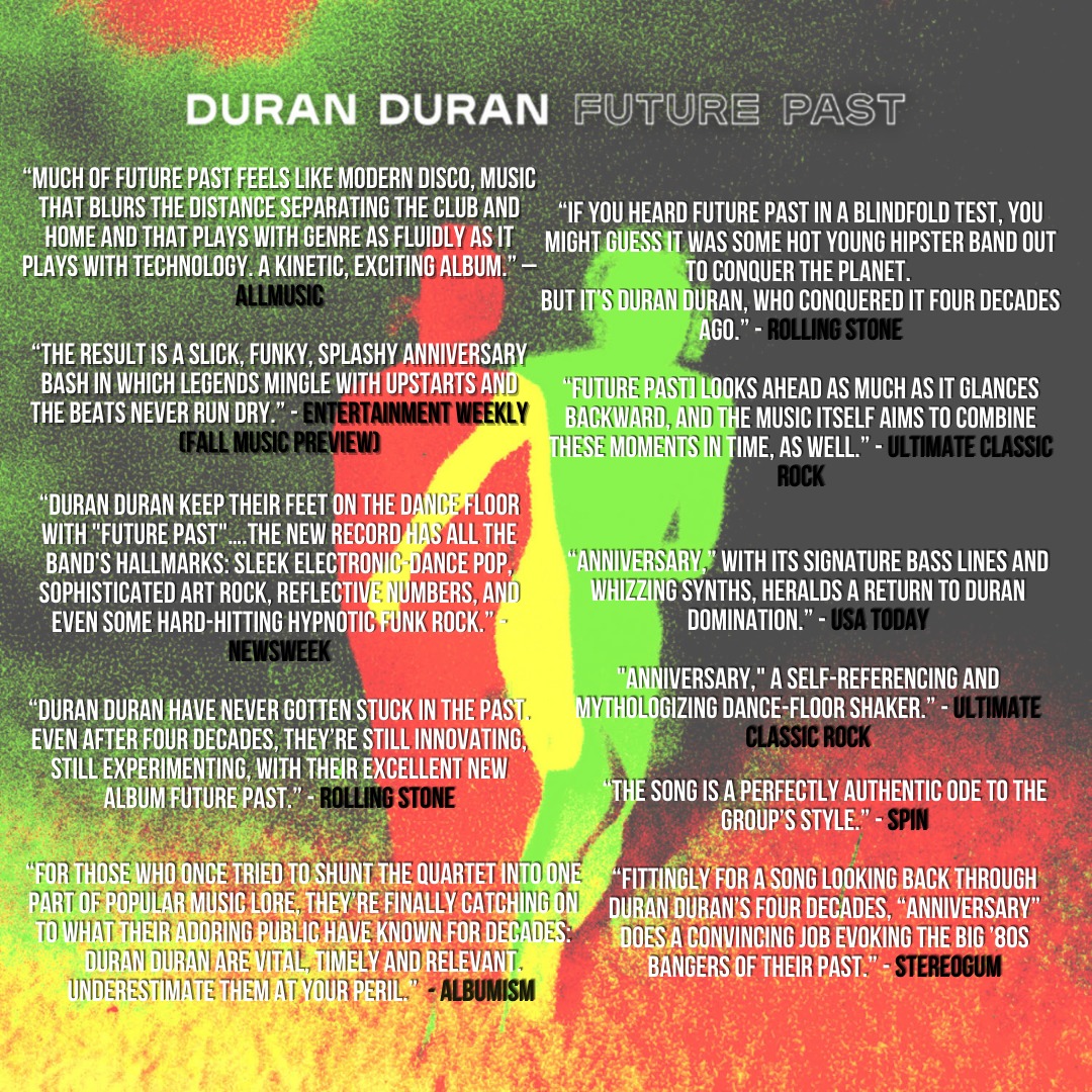 Thank you for all the wonderful reviews surrounding FUTURE PAST 💿 Get your hands on the album right here duranduran.lnk.to/FuturePastWE