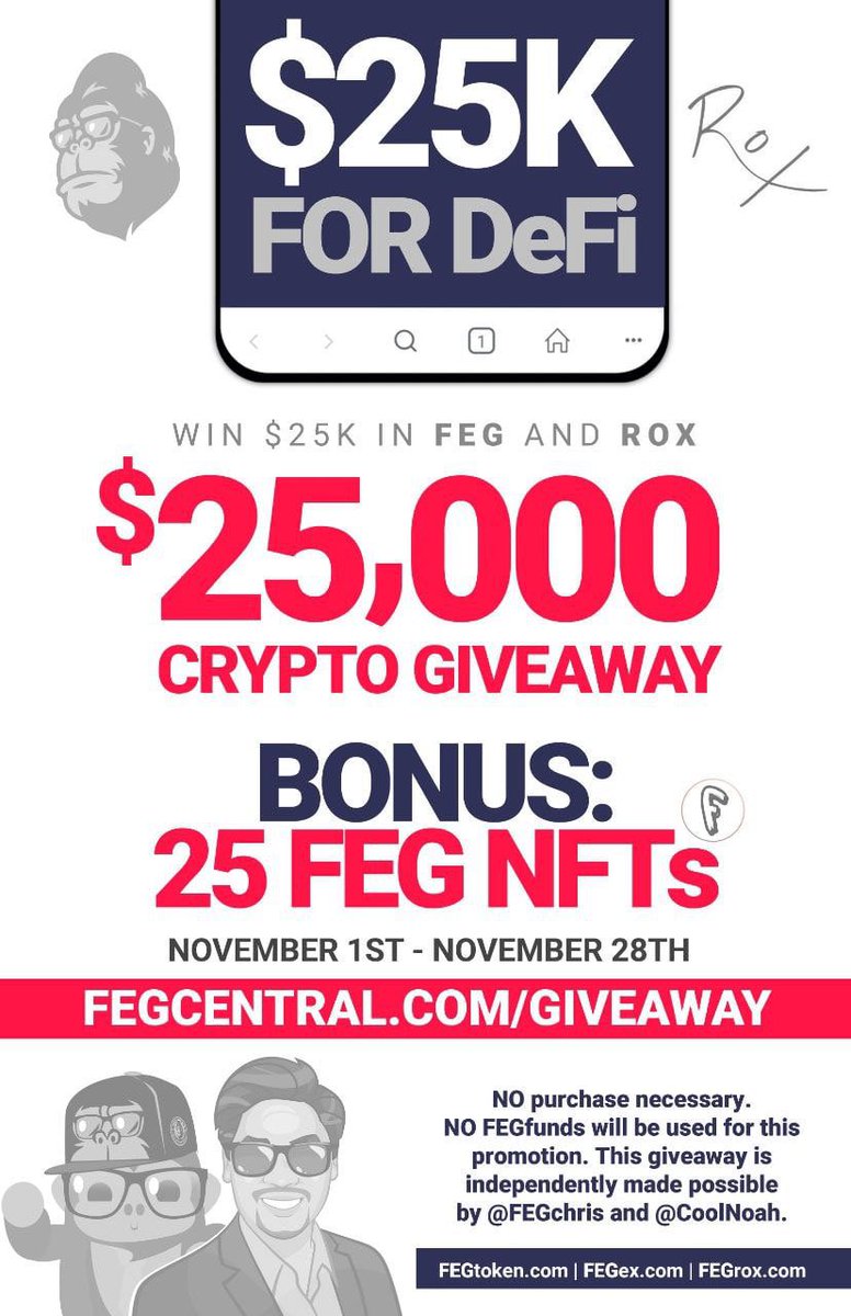 FEGtoken's tweet photo. $25,000 FREE $FEG AND $ROX GIVEAWAY 🎉

Yes! You can win FREE MONEY!!!

Prizes:
➡️ 3 winners of $5,000 of $FEG
➡️ 2 winners of $5,000 of $ROX
➡️ 25 winners of #FEG #NFTs

Get daily entries!

👉 ENTER HERE: https://t.co/5Sna0JNP9m

GOOD LUCK! Please retweet this post! https://t.co/B7VJwqs2JW