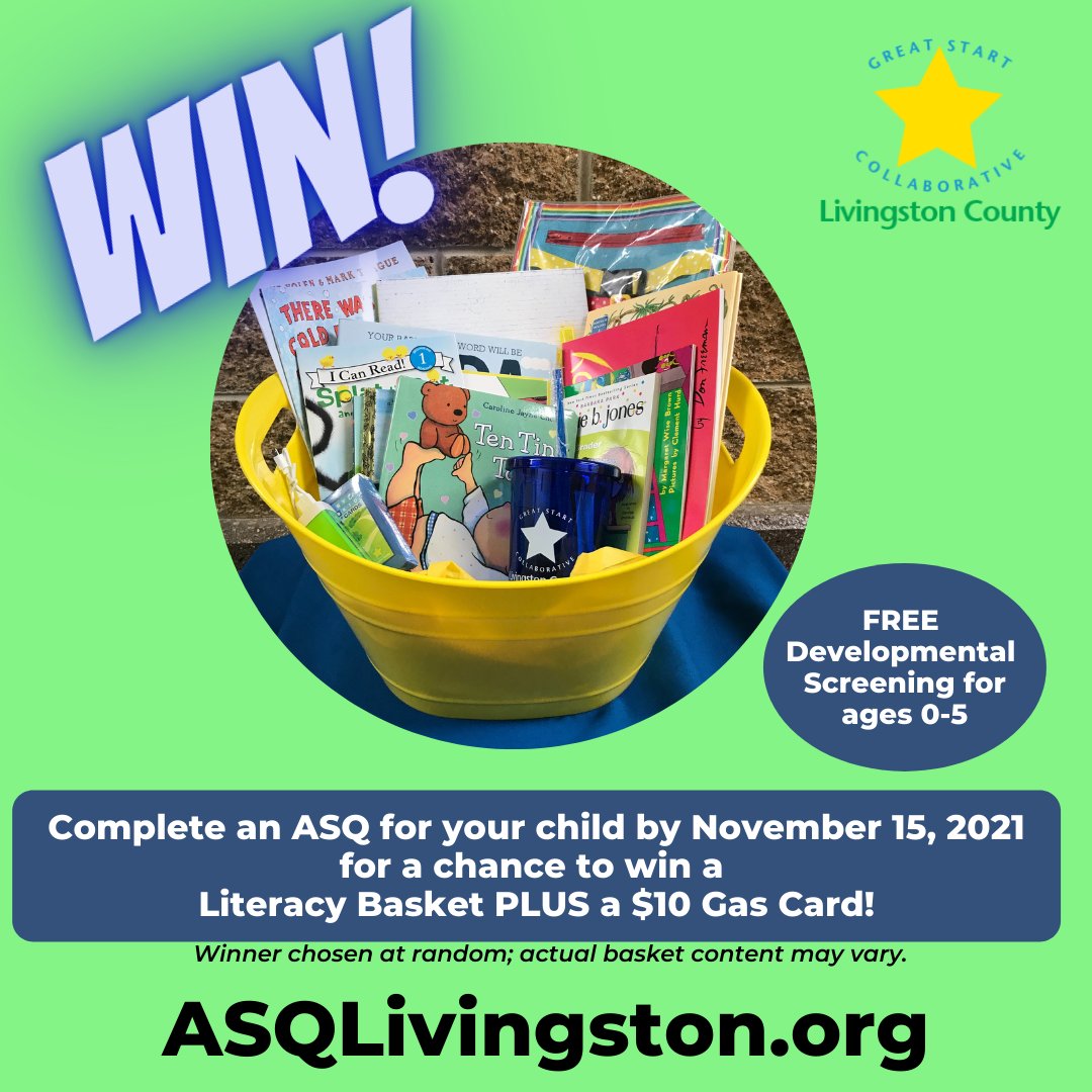 GreatStart_Liv's tweet photo. Do you have a child between the ages of 2 months and 5 years old?  If so, complete an ASQ Developmental Screening by November 15, 2021 and be entered into a drawing to win a Literacy Basket PLUS a $10 Gas Card!

https://t.co/JzSNhXYYbg https://t.co/JW2bEpAOgm