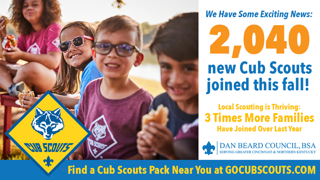 DanBeardCouncil's tweet photo. We are excited to welcome 2,040 new Cub Scouts this Fall! Local Scouting in Greater Cincinnati &amp; Northern Kentucky is thriving as 3x more families have joined over 2020! Find a pack near you at https://t.co/gPOIKjl11d #scoutshare #ScoutMeIn https://t.co/9BmFvZ6tGY
